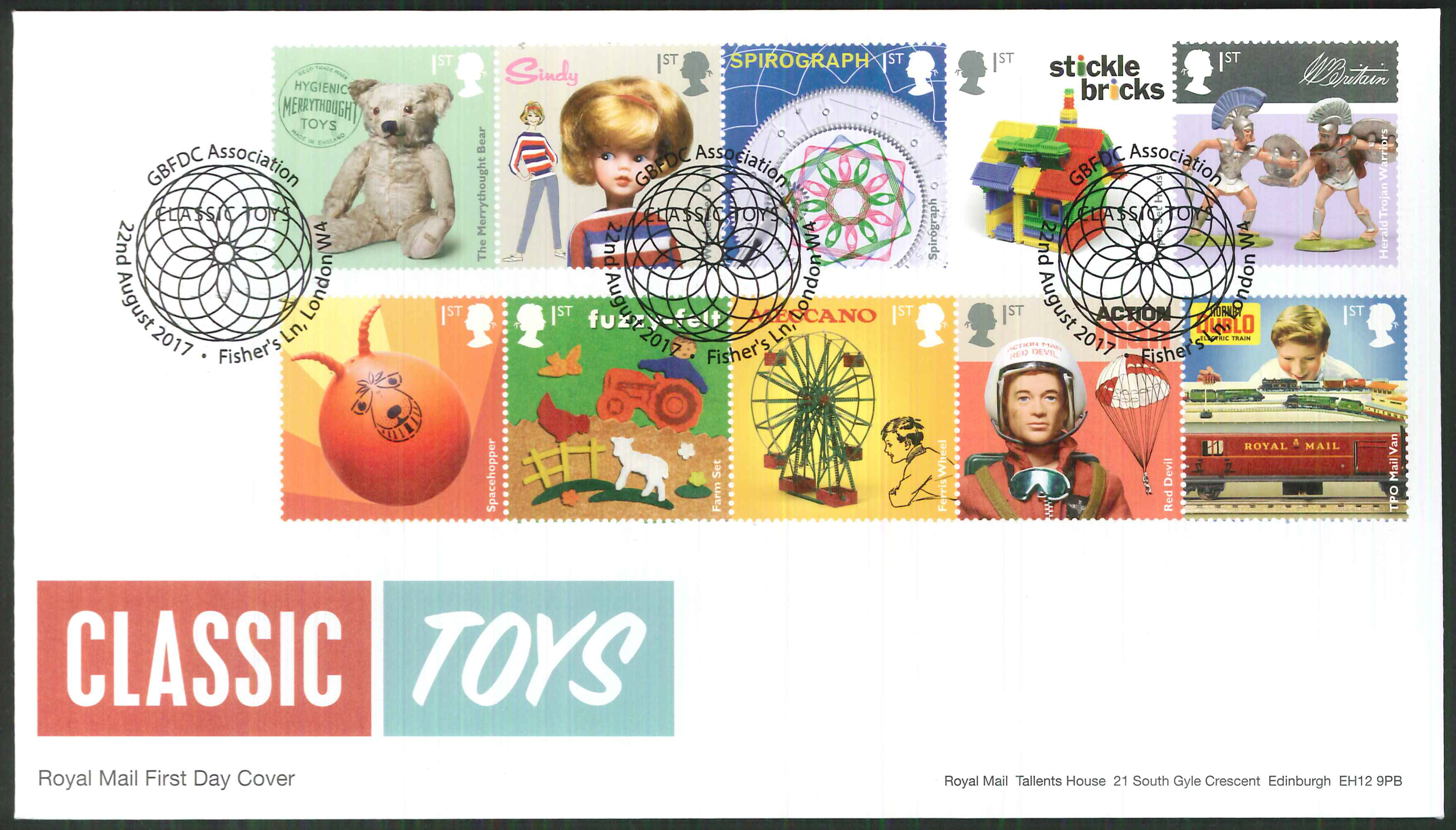 2017 - First Day Cover "Toys" - GBFDC Assn Fisher's Lane London W4 Postmark
